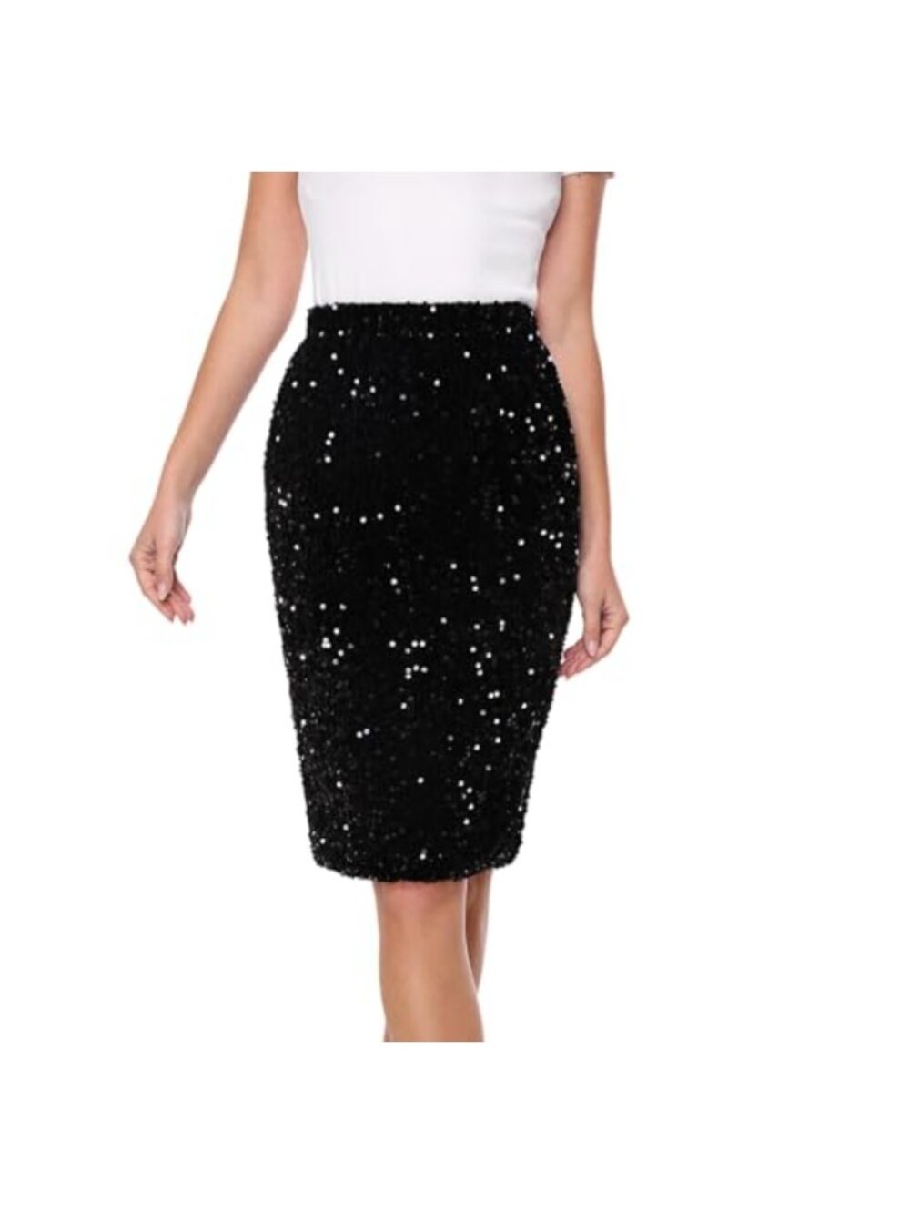 Sequin Midi Pencil Skirt for Women High Waist Stretchy Bodycon Party Glam